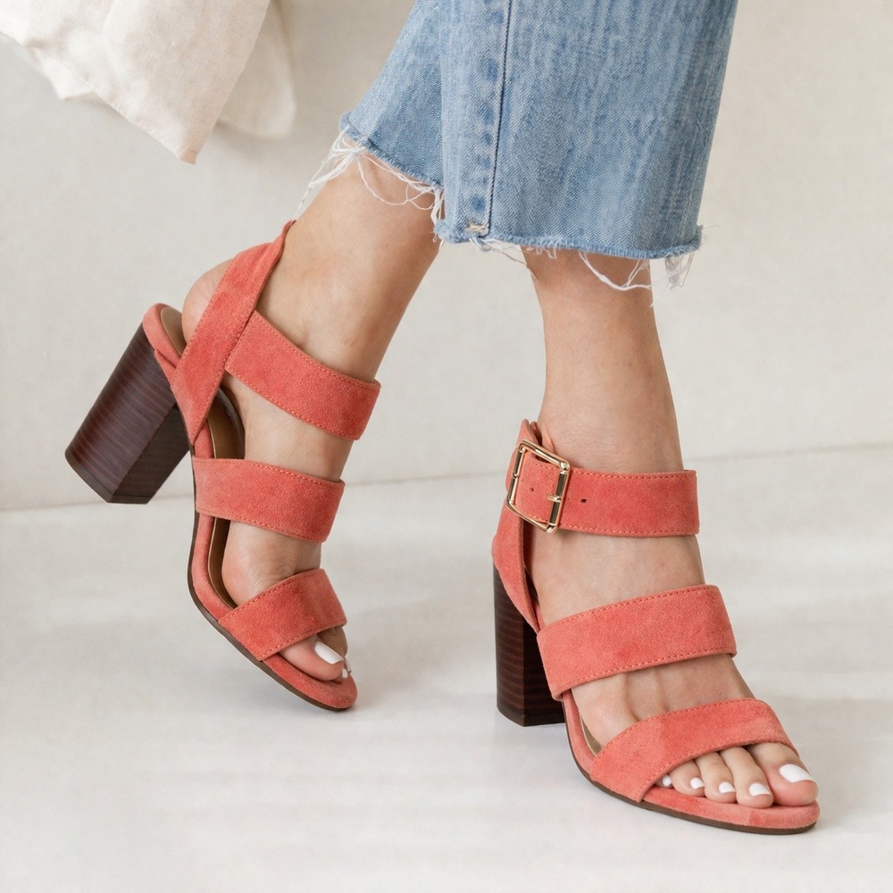 Vionic Sofia Suede Block Heel Sandals Women 9 Coral Pink Orthotic Strappy Boho